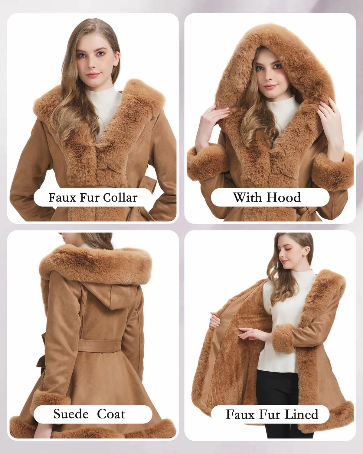 GRAN ORIENTE Suede Jacket for Women with Faux Fur Collar,Long Sleeve Warm Winter Parka Coat with Belt Outerwear