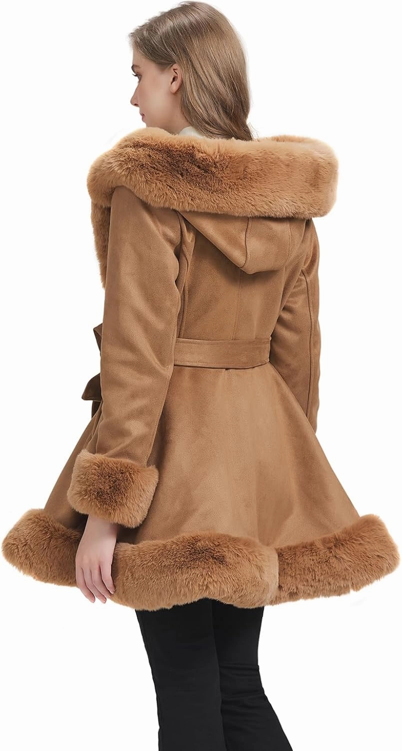 GRAN ORIENTE Suede Jacket for Women with Faux Fur Collar,Long Sleeve Warm Winter Parka Coat with Belt Outerwear