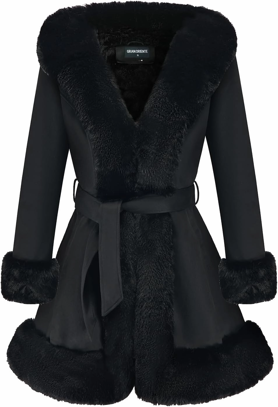 GRAN ORIENTE Suede Jacket for Women with Faux Fur Collar,Long Sleeve Warm Winter Parka Coat with Belt Outerwear