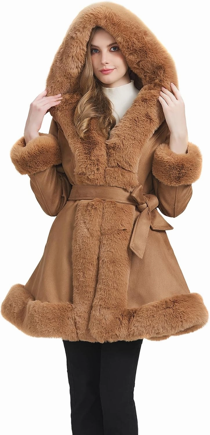 GRAN ORIENTE Suede Jacket for Women with Faux Fur Collar,Long Sleeve Warm Winter Parka Coat with Belt Outerwear