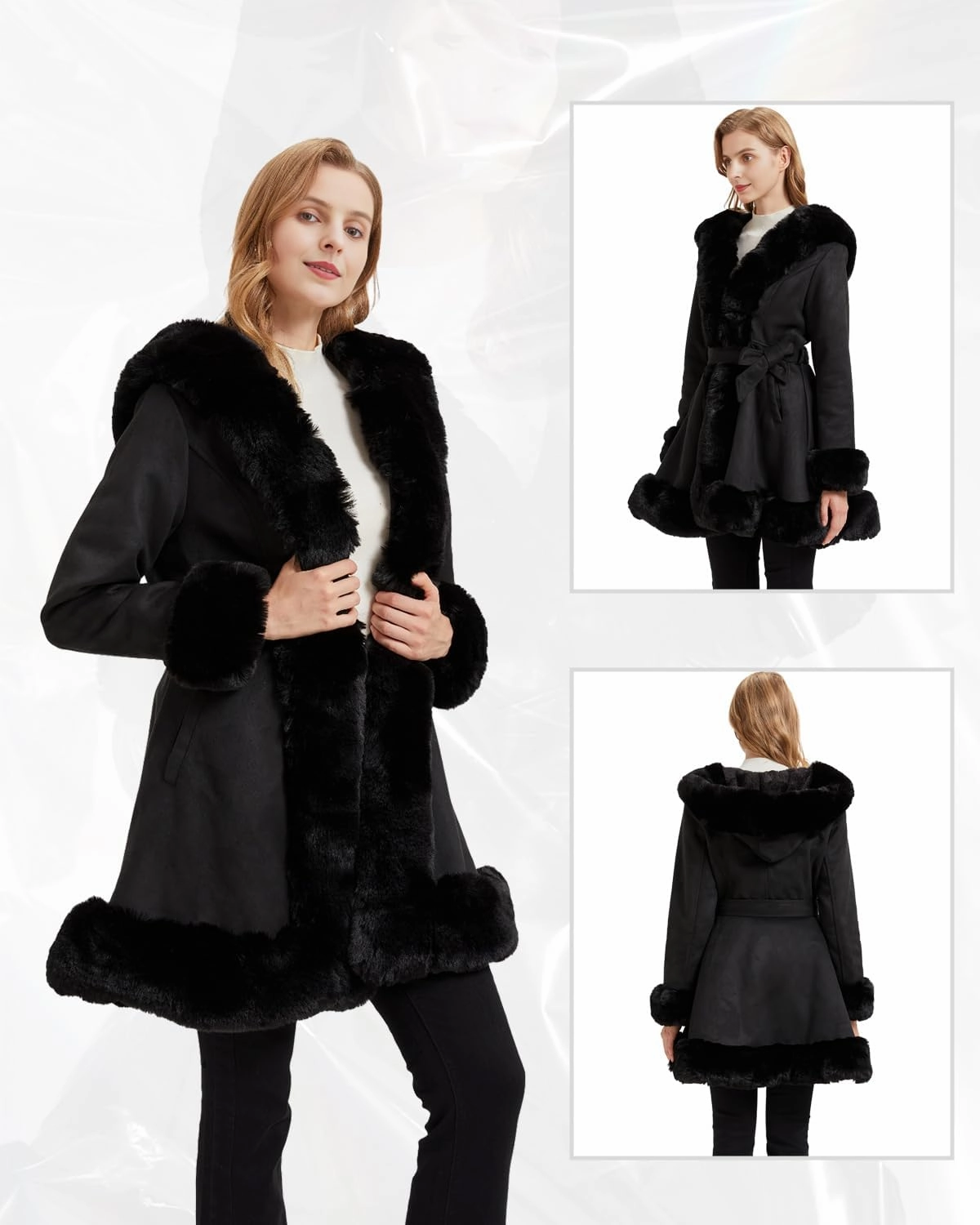 GRAN ORIENTE Suede Jacket for Women with Faux Fur Collar,Long Sleeve Warm Winter Parka Coat with Belt Outerwear