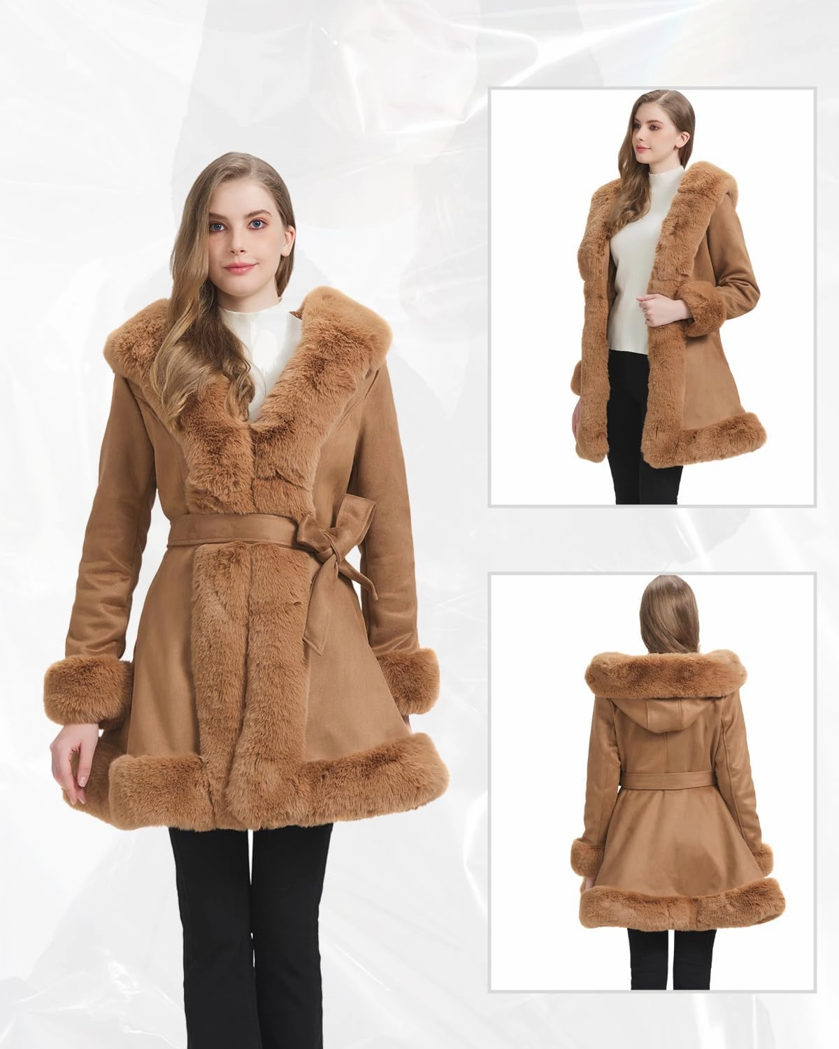 GRAN ORIENTE Suede Jacket for Women with Faux Fur Collar,Long Sleeve Warm Winter Parka Coat with Belt Outerwear