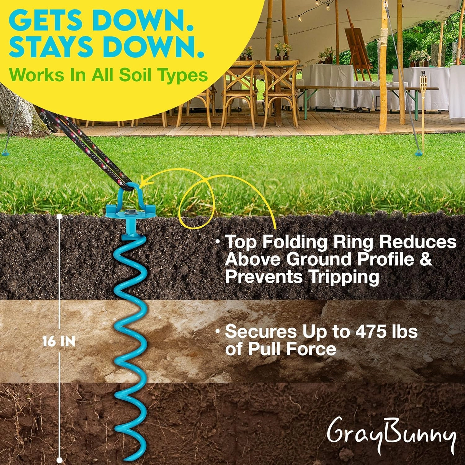 Gray Bunny 16" Ground Anchors Screw in, 4 pk Trampoline Stakes, Trampoline Tie Down Anchor Kit, Great for Securing Tents, Canopies, Swing Sets, Screw Them with a Drilling Machine