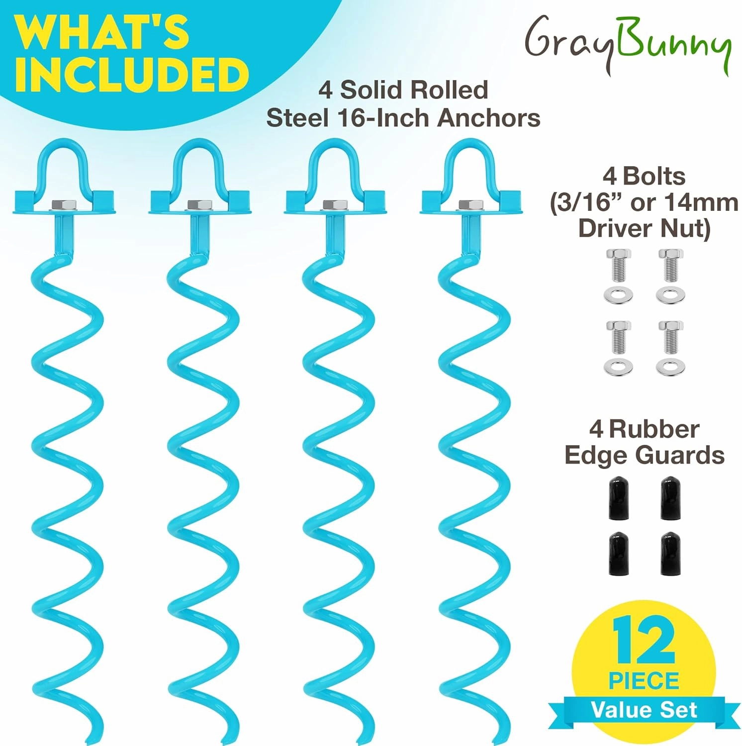 Gray Bunny 16" Ground Anchors Screw in, 4 pk Trampoline Stakes, Trampoline Tie Down Anchor Kit, Great for Securing Tents, Canopies, Swing Sets, Screw Them with a Drilling Machine