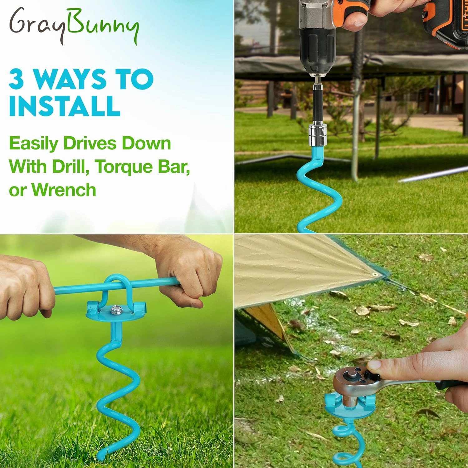 Gray Bunny 16" Ground Anchors Screw in, 4 pk Trampoline Stakes, Trampoline Tie Down Anchor Kit, Great for Securing Tents, Canopies, Swing Sets, Screw Them with a Drilling Machine