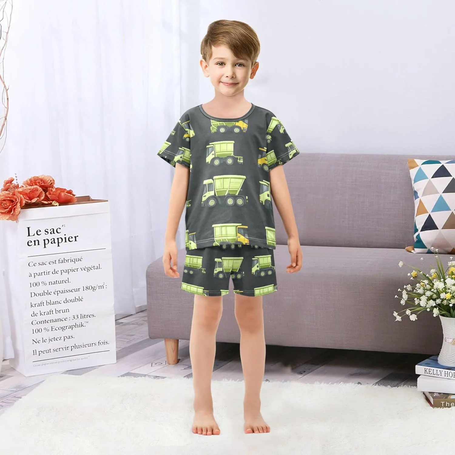 Green Garbage Trucks Cute Summer Pajamas Short Set 2 Piece Sleepwear