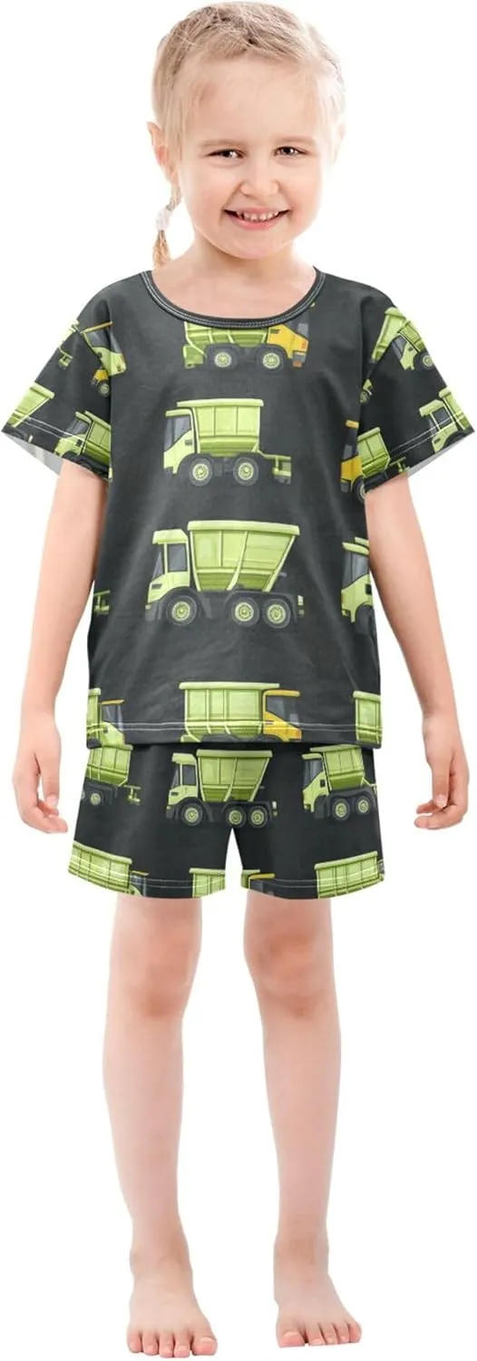 Green Garbage Trucks Cute Summer Pajamas Short Set 2 Piece Sleepwear
