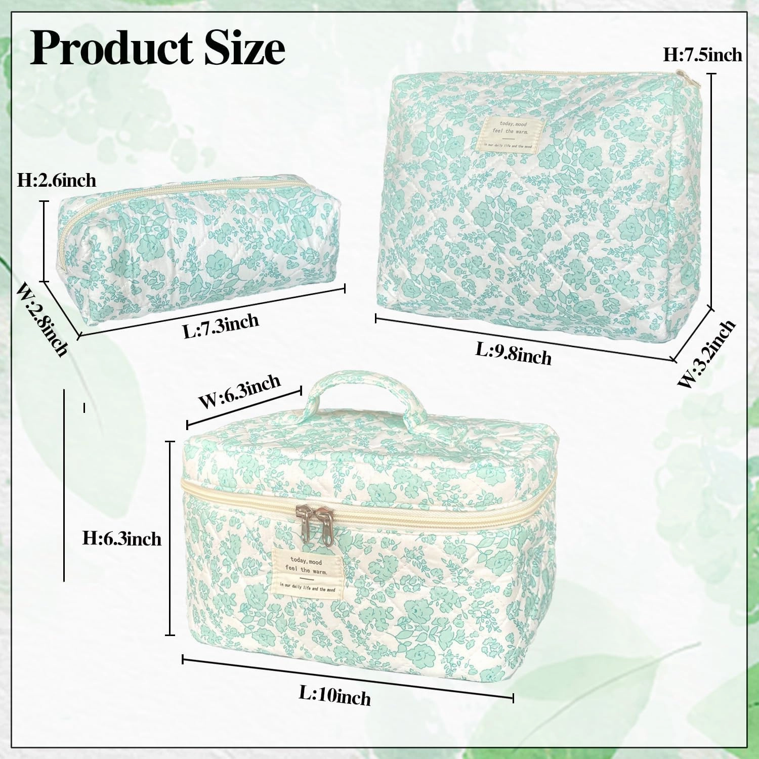 Green Large Quilted Floral Makeup Bag Set of 3 Cute Coquette Aesthetic Cosmetic Bag Set Travel Toiletry Bag for Women