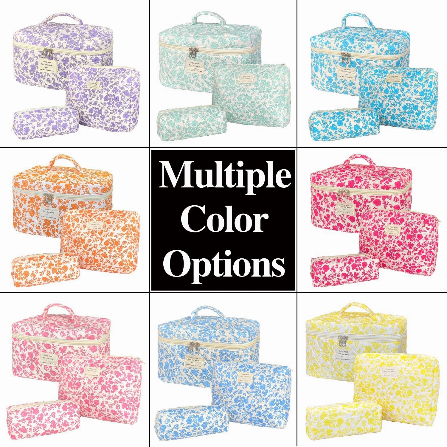 Green Large Quilted Floral Makeup Bag Set of 3 Cute Coquette Aesthetic Cosmetic Bag Set Travel Toiletry Bag for Women