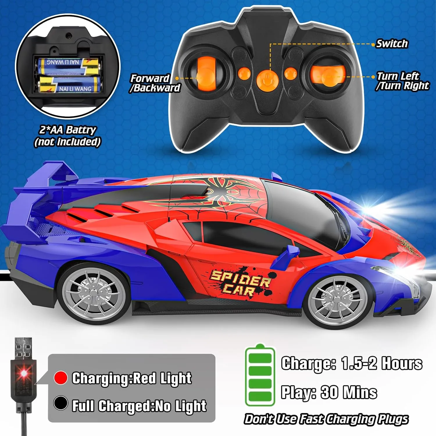 Growsland Remote Control Car, 2.4Ghz Rc Cars for Boys 4-7 8-12, Electric Kids Toys for Kids with Cool LED Lights, Rechargeable Hobby Race Cars Toys for Boys Girls Ages 4-6 5-7 6-8 8-12 Birthday Gift