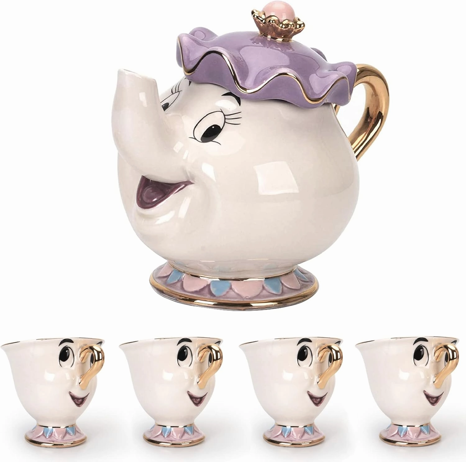 GZHaiTuoSi Cartoon New Beauty And The Beast Teapot Mug Mrs Potts Chip Tea Pot Cup One Set Lovely & One Teapot and Four Chip Mug, Tea Party Set Gifts for Happy Birthday Party Decorations and Anyone