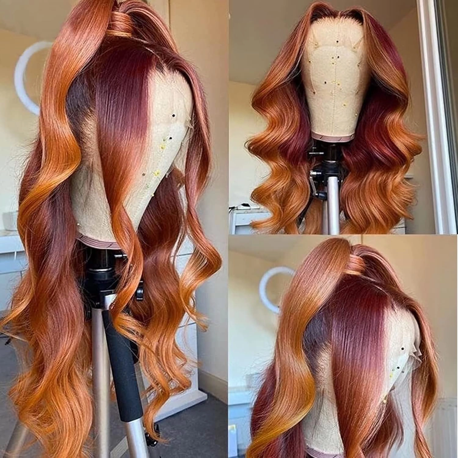 haha Ginger Red Ombre Lace Front Wig Human Hair Burgundy Ginger Highlight Lace Front Wig Pre Plucked Body Wave Orange Skunk Stripe Human Hair Wig Glueless 13x4 Lace Frontal Wigs 150% Density 22 Inch
