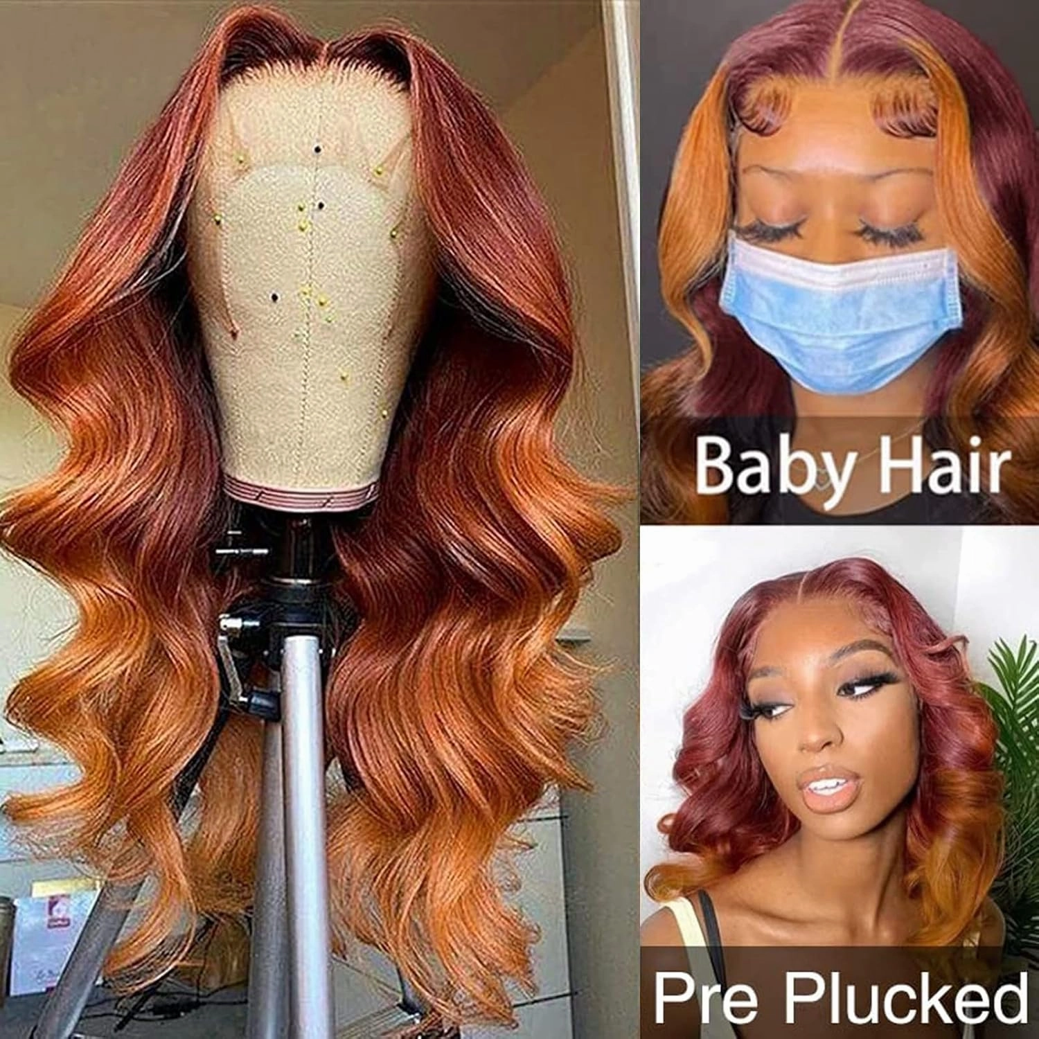 haha Ginger Red Ombre Lace Front Wig Human Hair Burgundy Ginger Highlight Lace Front Wig Pre Plucked Body Wave Orange Skunk Stripe Human Hair Wig Glueless 13x4 Lace Frontal Wigs 150% Density 22 Inch