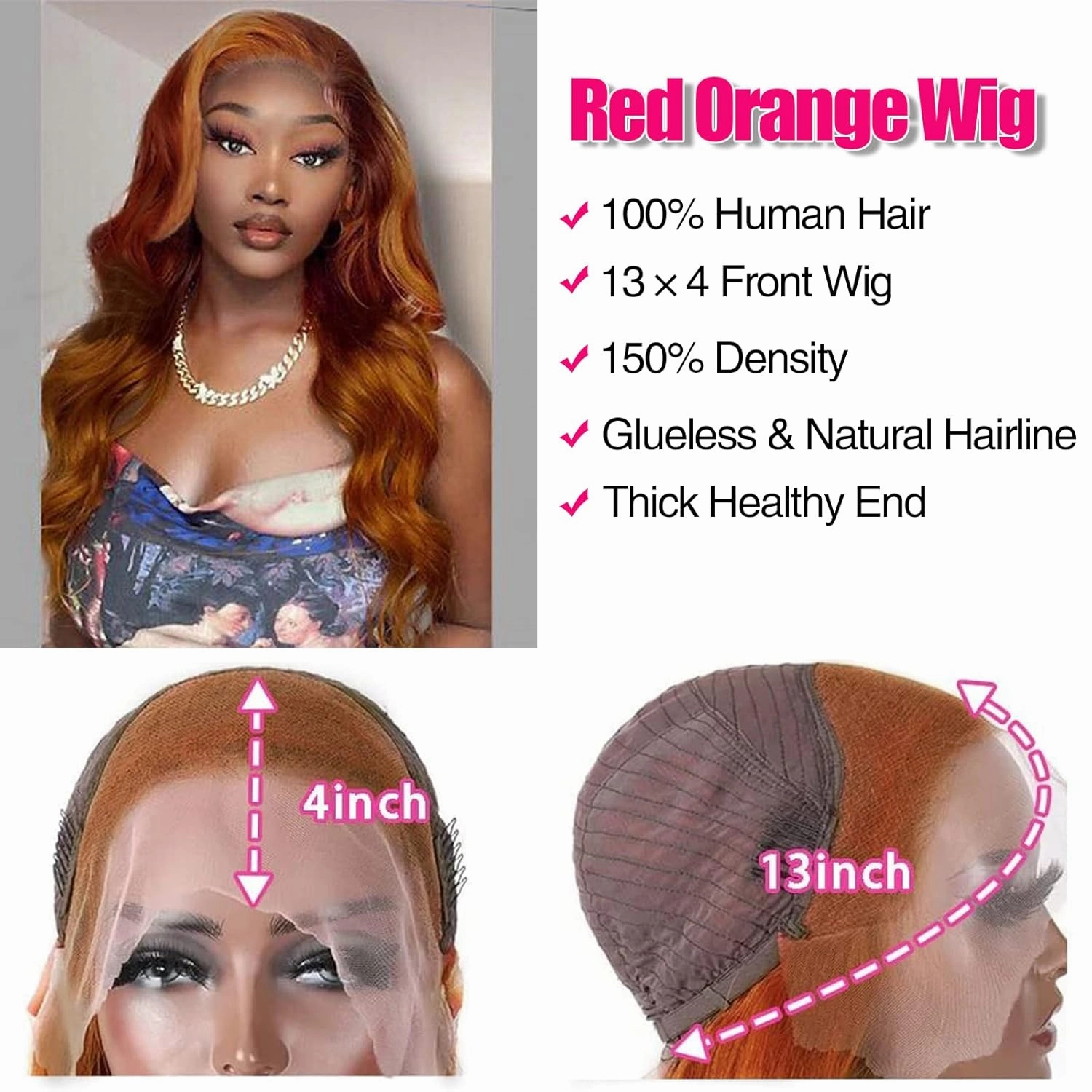 haha Ginger Red Ombre Lace Front Wig Human Hair Burgundy Ginger Highlight Lace Front Wig Pre Plucked Body Wave Orange Skunk Stripe Human Hair Wig Glueless 13x4 Lace Frontal Wigs 150% Density 22 Inch
