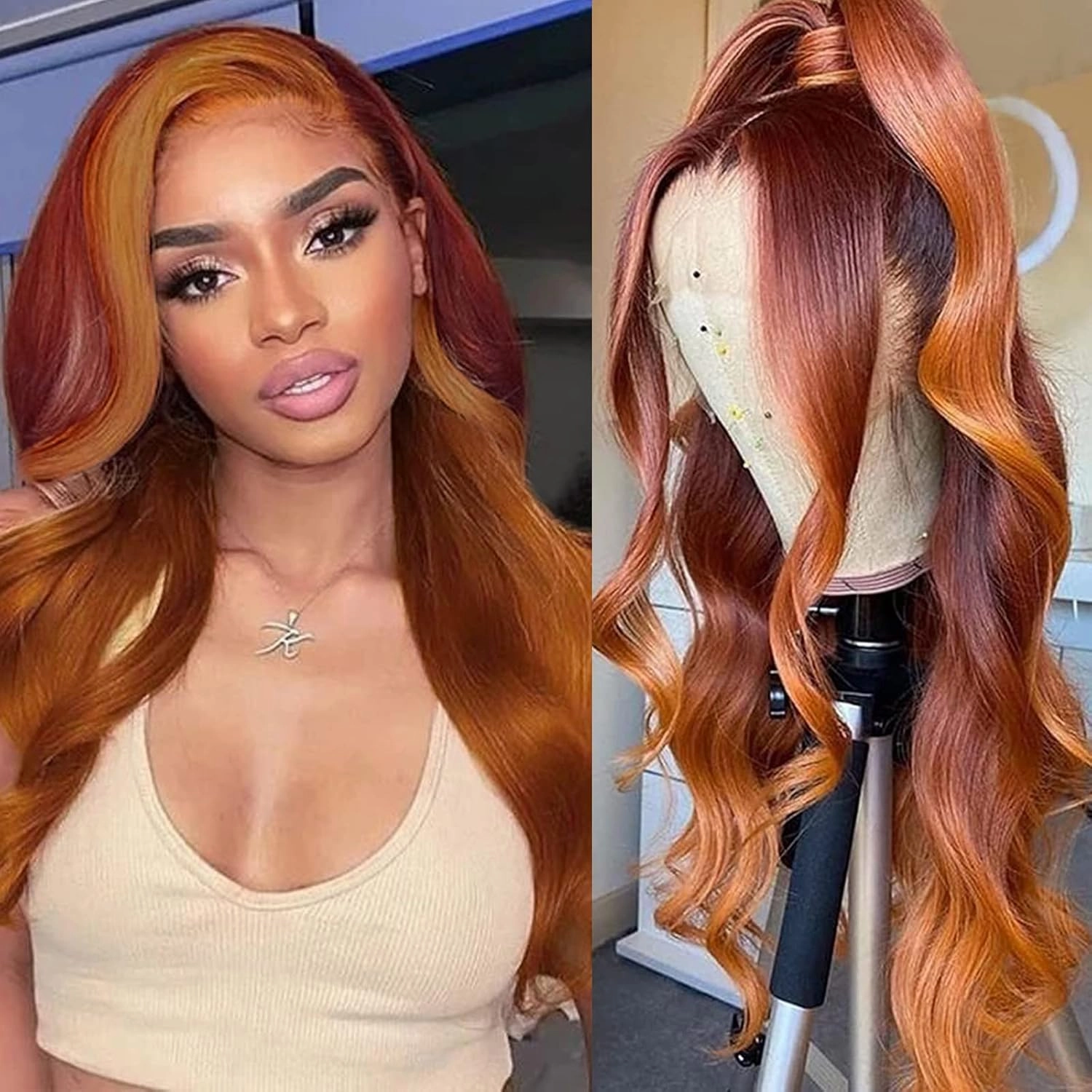 haha Ginger Red Ombre Lace Front Wig Human Hair Burgundy Ginger Highlight Lace Front Wig Pre Plucked Body Wave Orange Skunk Stripe Human Hair Wig Glueless 13x4 Lace Frontal Wigs 150% Density 22 Inch