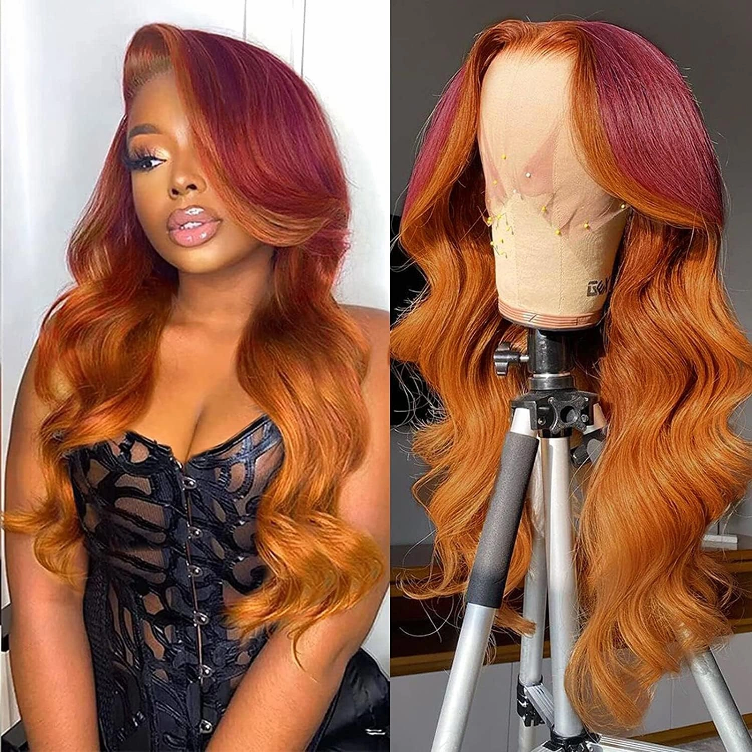 haha Ginger Red Ombre Lace Front Wig Human Hair Burgundy Ginger Highlight Lace Front Wig Pre Plucked Body Wave Orange Skunk Stripe Human Hair Wig Glueless 13x4 Lace Frontal Wigs 150% Density 22 Inch
