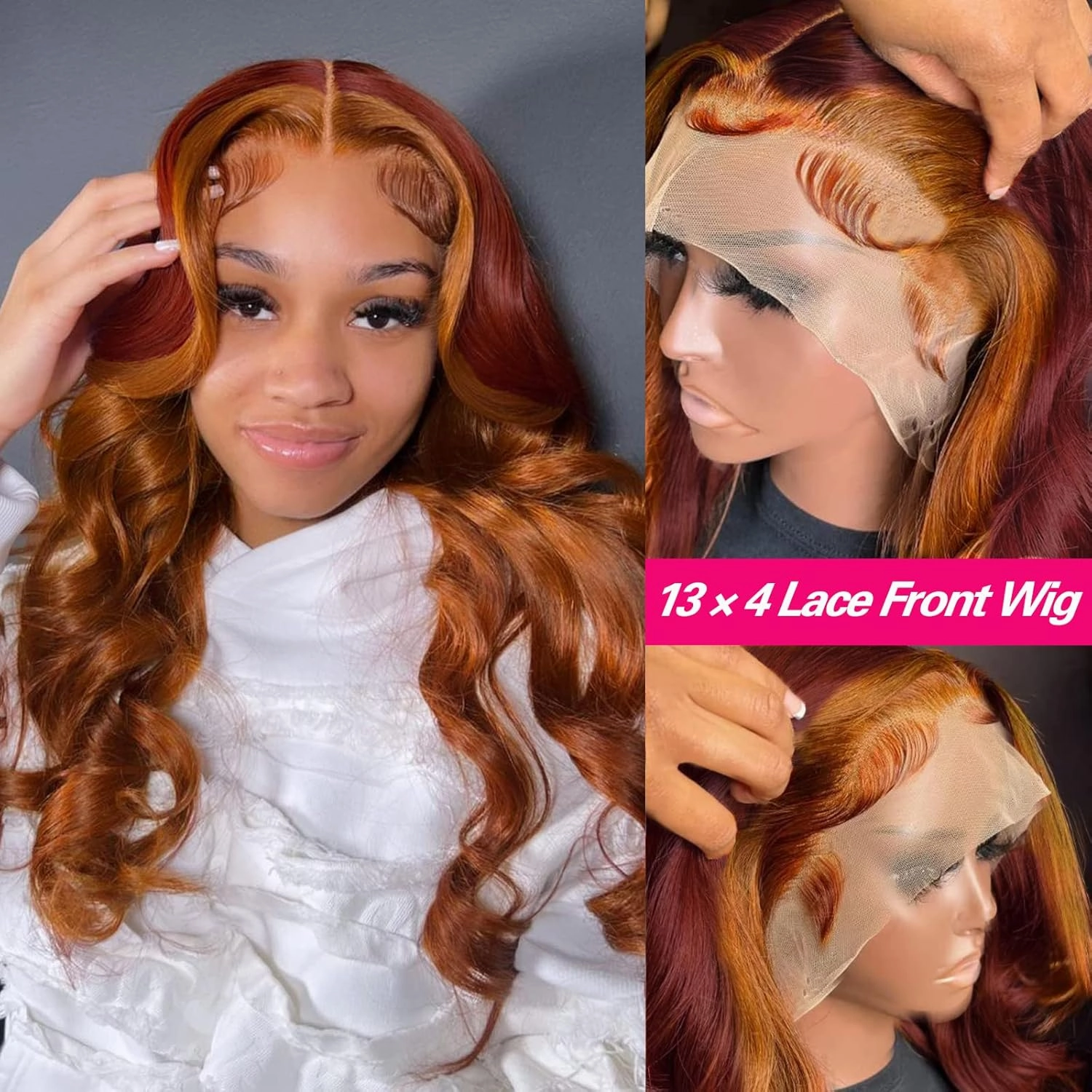 haha Ginger Red Ombre Lace Front Wig Human Hair Burgundy Ginger Highlight Lace Front Wig Pre Plucked Body Wave Orange Skunk Stripe Human Hair Wig Glueless 13x4 Lace Frontal Wigs 150% Density 22 Inch
