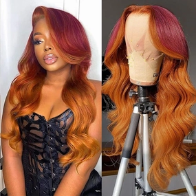 haha Ginger Red Ombre Lace Front Wig Human Hair Burgundy Ginger Highlight Lace Front Wig Pre Plucked Body Wave Orange Skunk Stripe Human Hair Wig Glueless 13x4 Lace Frontal Wigs 150% Density 22 Inch