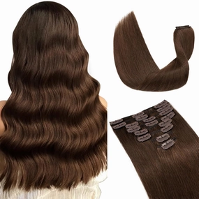 Hairro 100% Real Human Hair Clip in Extensions 8 Inch Short #4 Medium Brown 45g Thin 8 Pcs 18 Clips Straight Clip on Human Hairpieces for Women