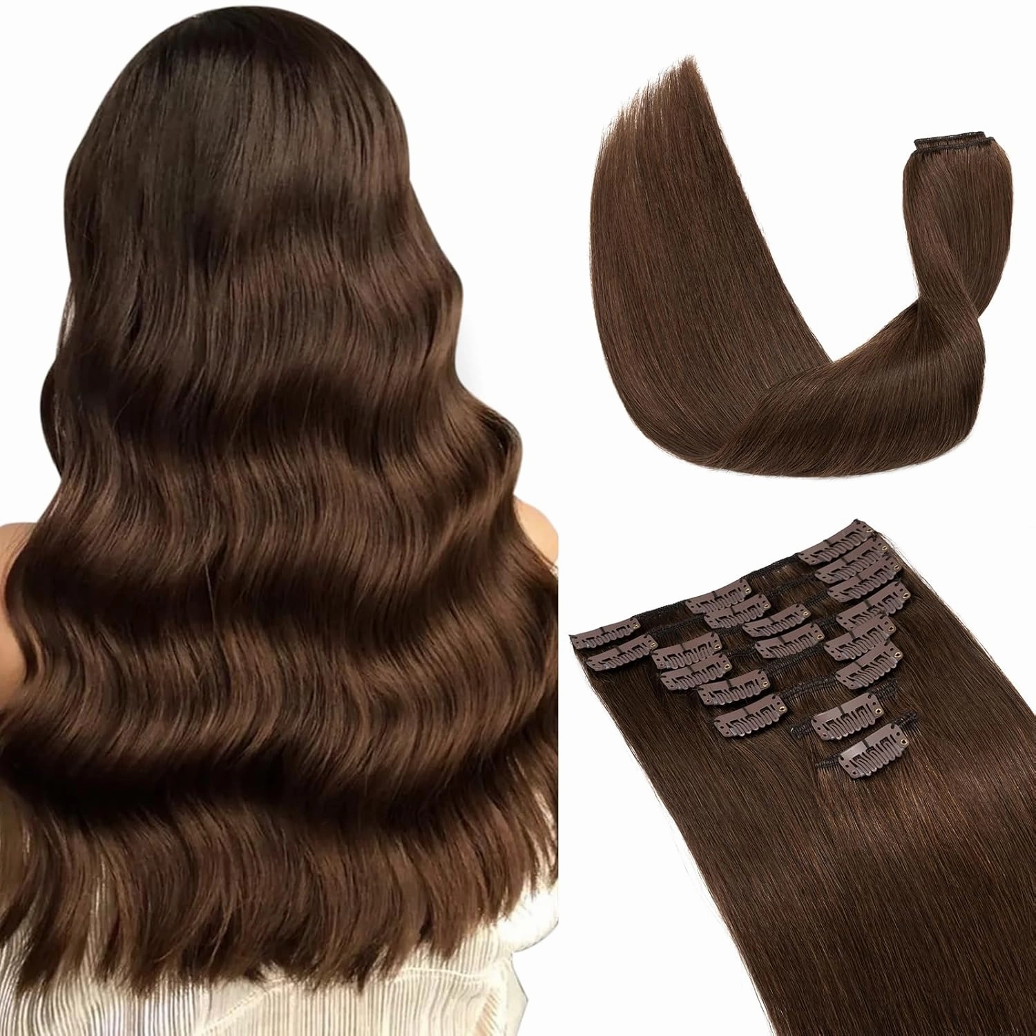 Hairro 100% Real Human Hair Clip in Extensions 8 Inch Short #4 Medium Brown 45g Thin 8 Pcs 18 Clips Straight Clip on Human Hairpieces for Women