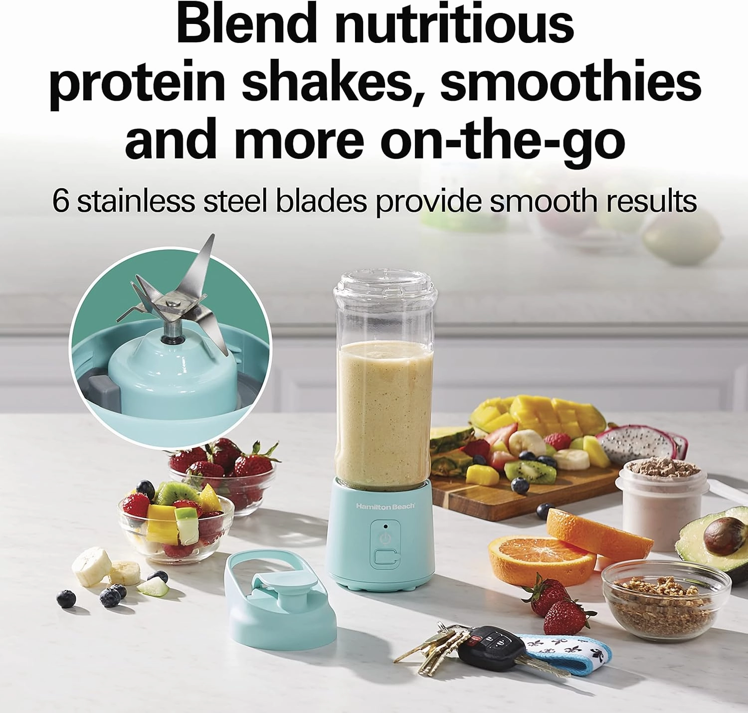 Hamilton Beach Mini Cordless Portable Personal Blender for Shakes and Smoothies, USB Rechargeable, 16 oz. Jar with Leakproof Travel Lid, 6 Stainless Steel Blades, Blue (51182)