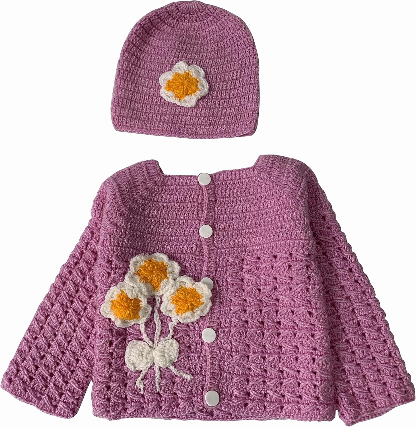 Hand Made 3 Piece Knitted Magnolia Flower Purple Baby Crochet Set- Newborn Toddler Wool Sweater Set Includes- Booties & Hat