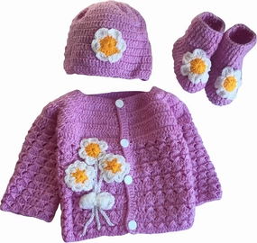 Hand Made 3 Piece Knitted Magnolia Flower Purple Baby Crochet Set- Newborn Toddler Wool Sweater Set Includes- Booties & Hat