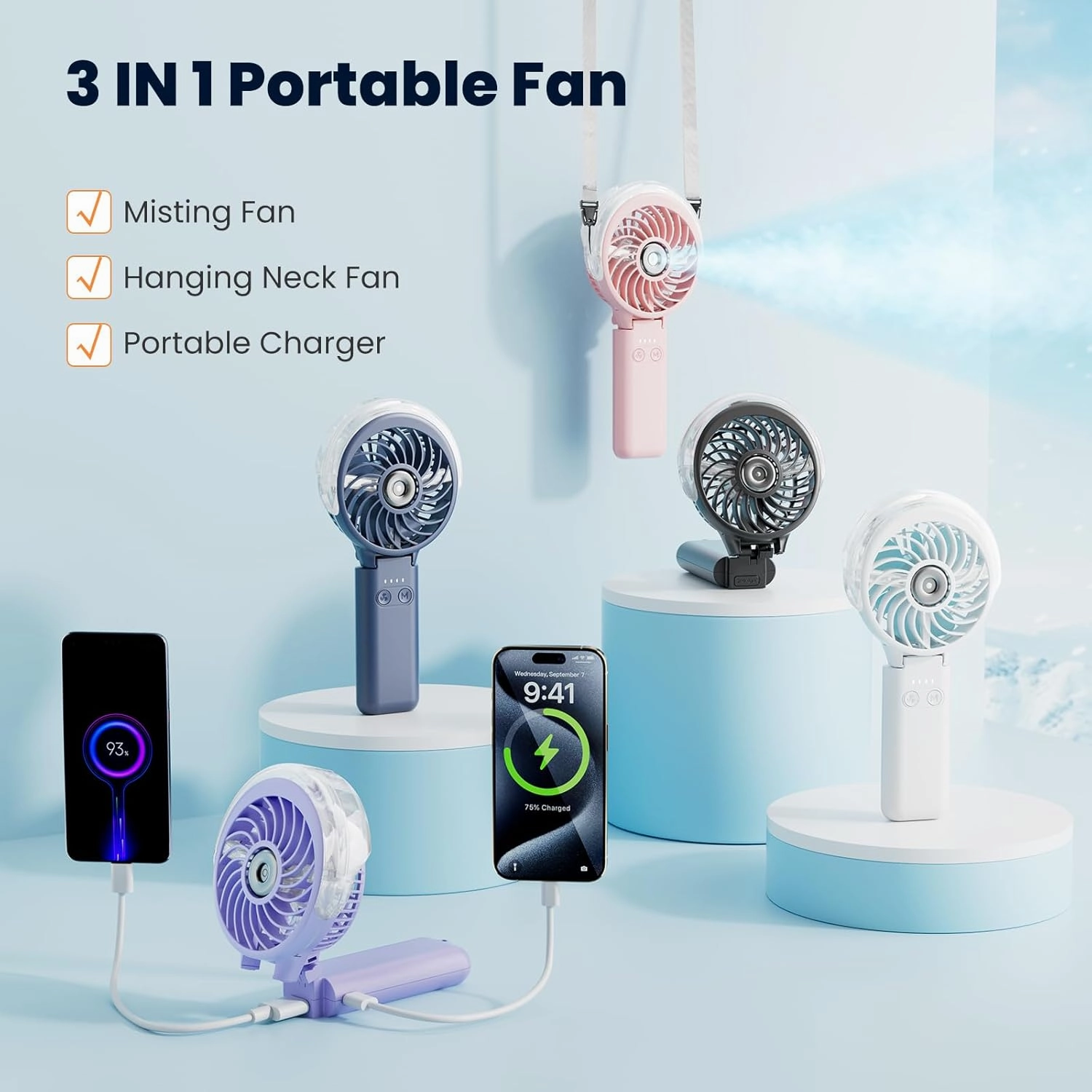 HandFan 5200mAh Upgraded Handheld Misting Fan, Rechargeable Personal Mister Fan, Spray Water Mist Fans, Electric Mini Hand Cooling AC Ice Fans for Beach Travel Outdoors(Royal Blue)