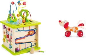 Hape Country Critters Wooden Activity Play Cube Walk-A-Long Puppy Wooden Pull Toy Award Winning Push Pull Toy Puppy for Toddlers Can Sit, Stand and Roll, Red