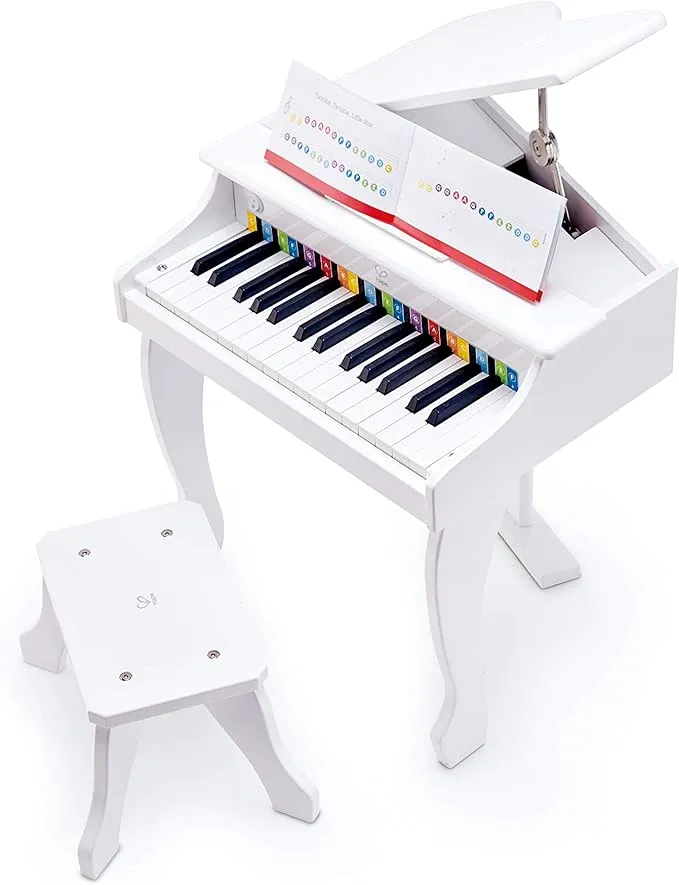 Hape Deluxe White Grand Piano | Thirty Key Piano Toy with Stool, Electronic Keyboard Musical Toy Set for Kids 3 Years 