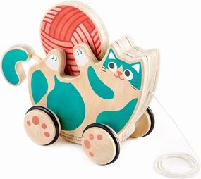 Hape Wooden Walk-A-Long Kitten Pull Toy| Roll & Rattle Push Pull Toy for Toddler| Montessori Toys for Walking Toddlers, Green