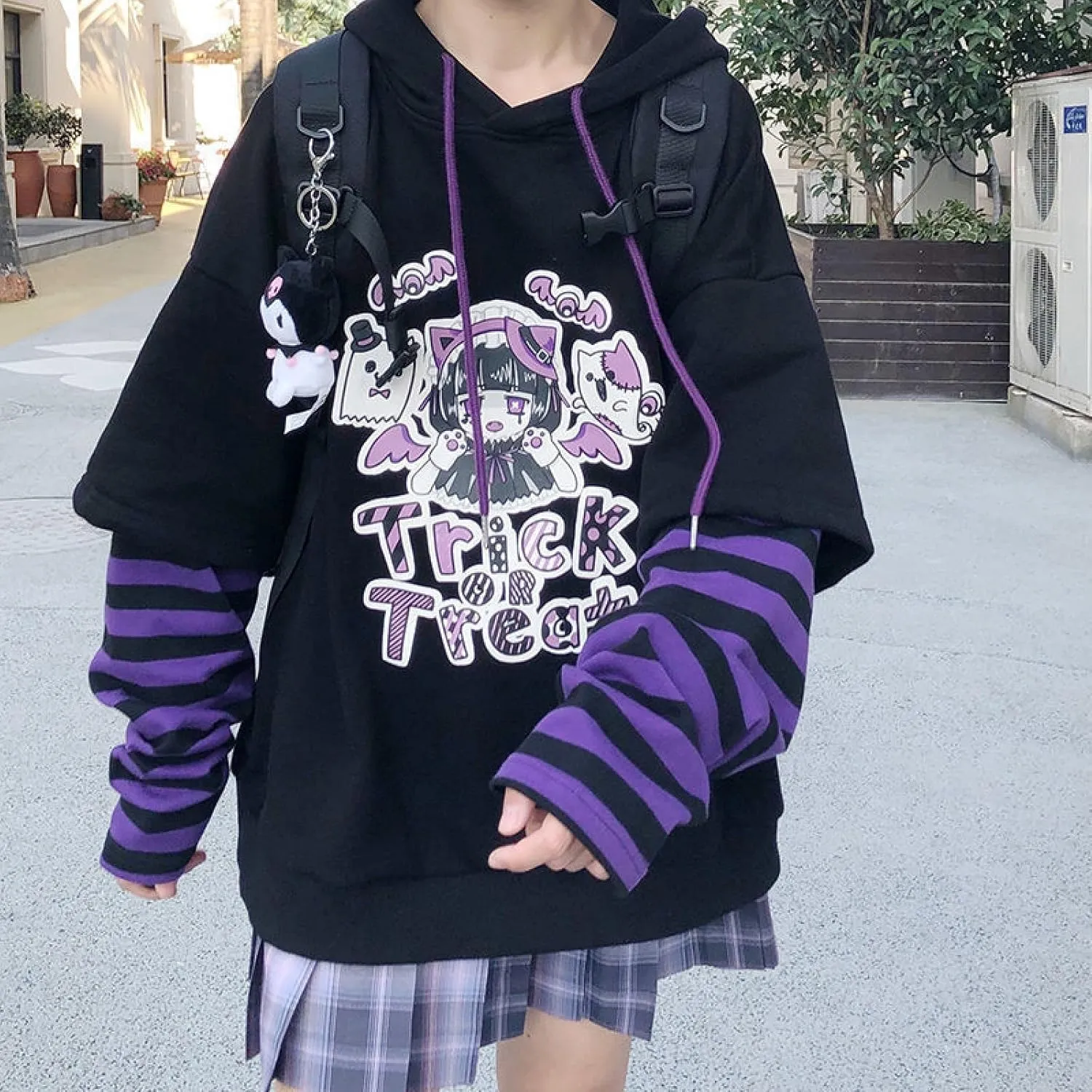 Harajuku Women's Sweater Japanese Girl Fake Two-Piece Sweater Cute Striped Loose Hooded top