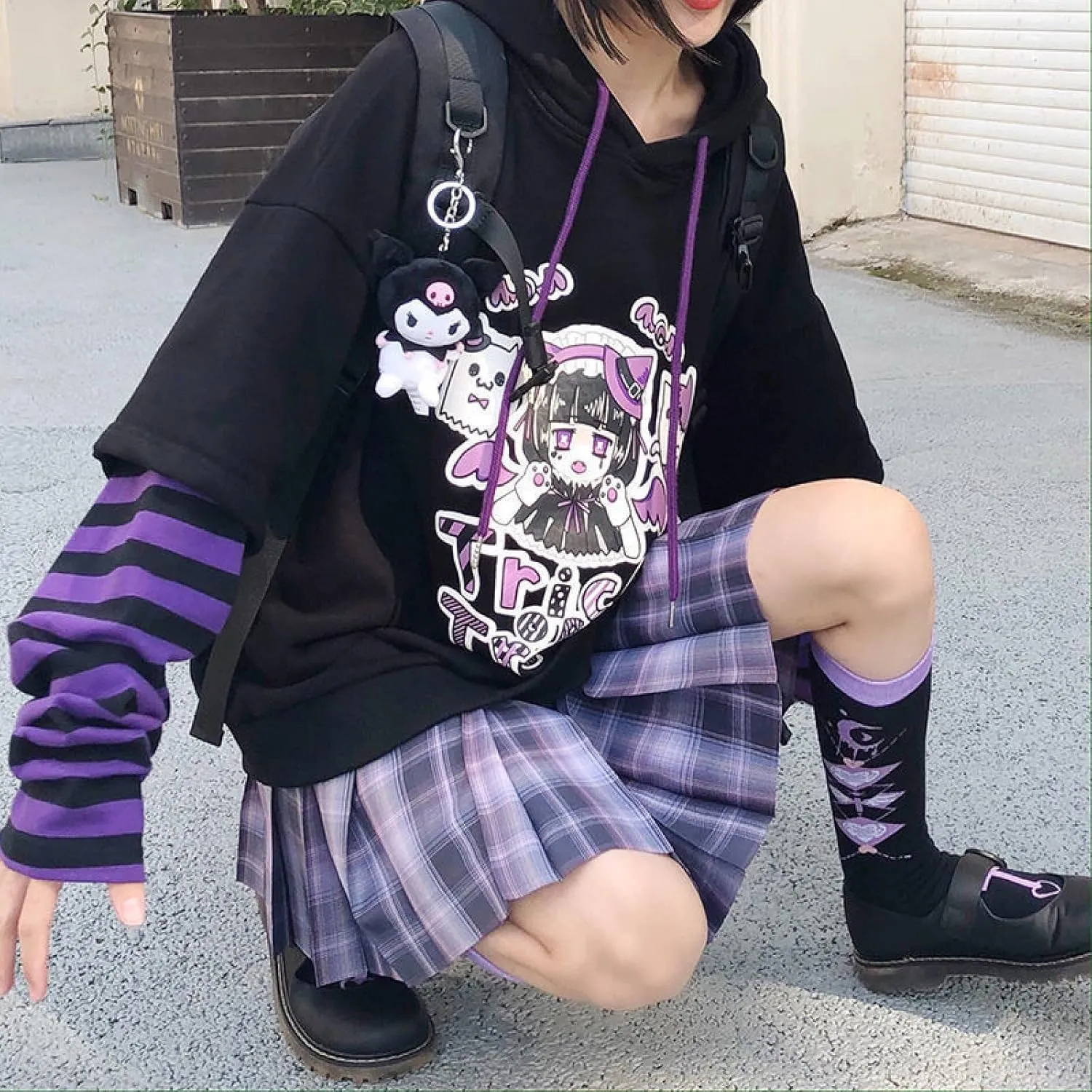 Harajuku Women's Sweater Japanese Girl Fake Two-Piece Sweater Cute Striped Loose Hooded top