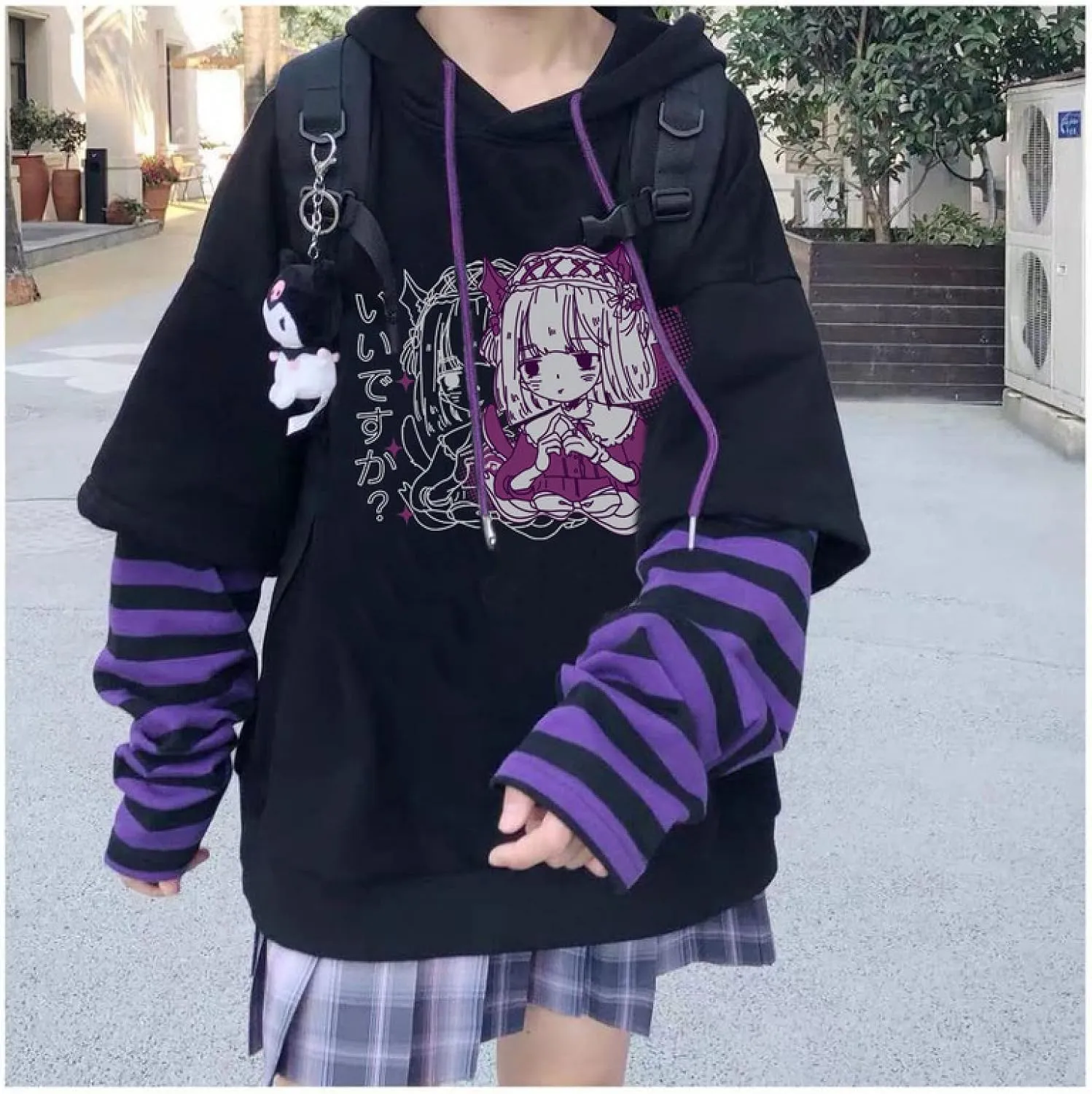 Harajuku Women's Sweater Japanese Girl Fake Two-Piece Sweater Cute Striped Loose Hooded top
