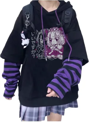 Harajuku Women's Sweater Japanese Girl Fake Two-Piece Sweater Cute Striped Loose Hooded top