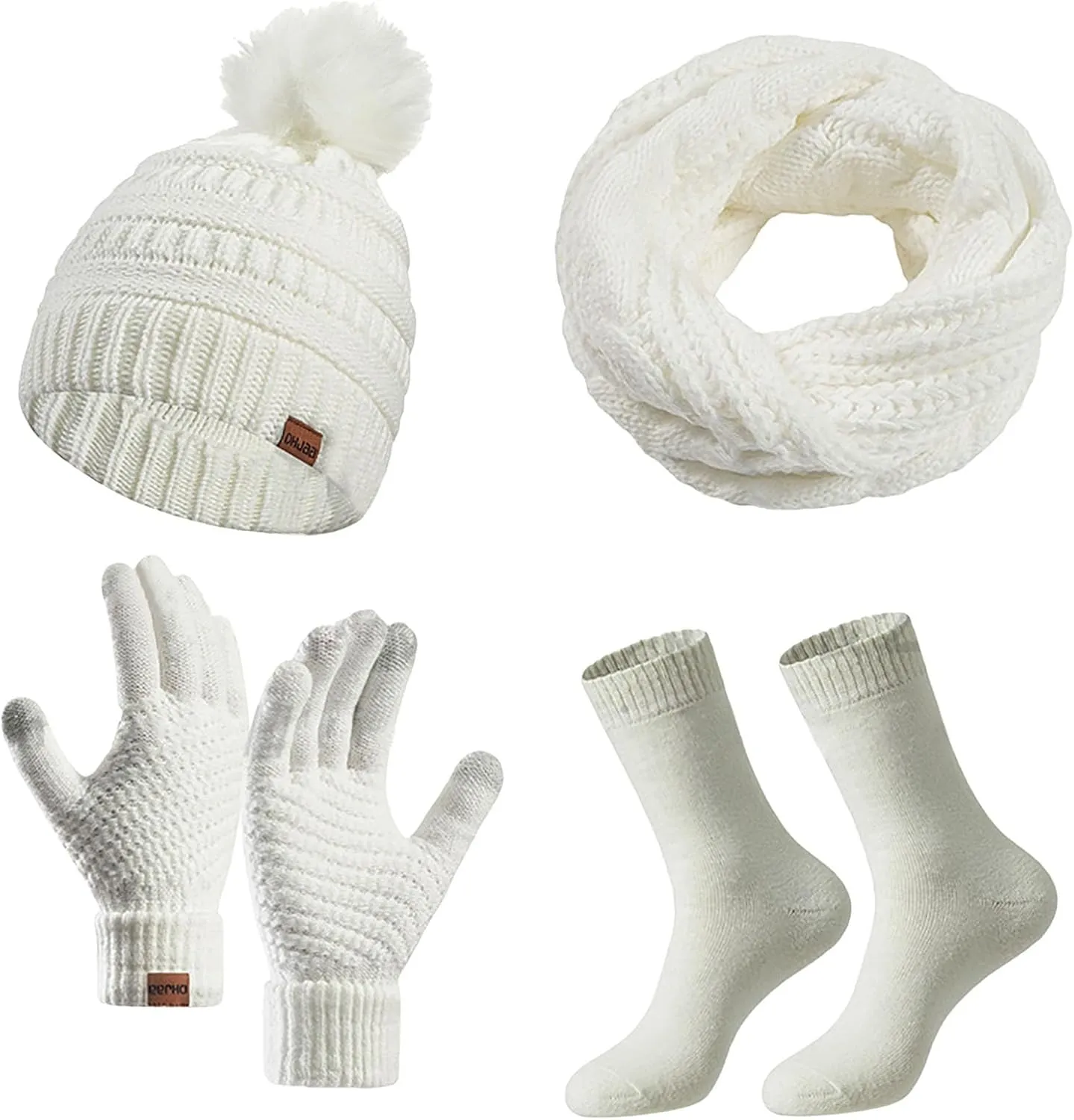 Hat Scarf Glove Socks Set for Women Warm Long Scarf Touchscreen Gloves Pompom Bobble Hat 4 Pieces Thick Warm Roll up