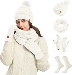 Hat Scarf Glove Socks Set for Women Warm Long Scarf Touchscreen Gloves Pompom Bobble Hat 4 Pieces Thick Warm Roll up