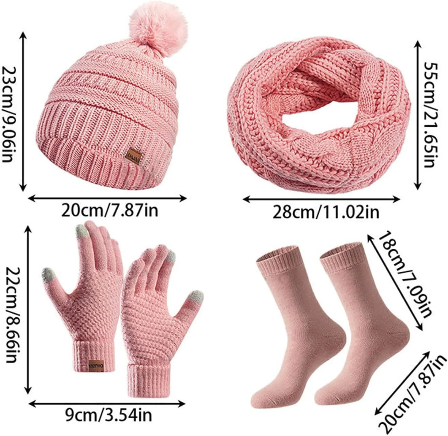 Hat Scarf Glove Socks Set for Women Warm Long Scarf Touchscreen Gloves Pompom Bobble Hat 4 Pieces Thick Warm Roll up