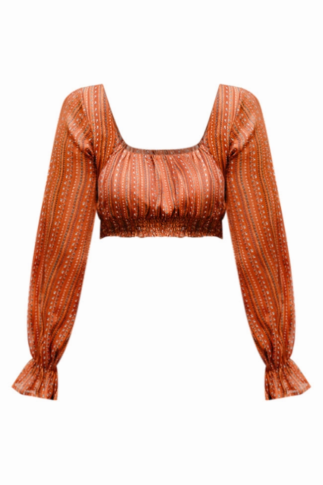 Hear Me Out Brown Multi Printed Long Sleeve Cropped Blouse FINAL SALE