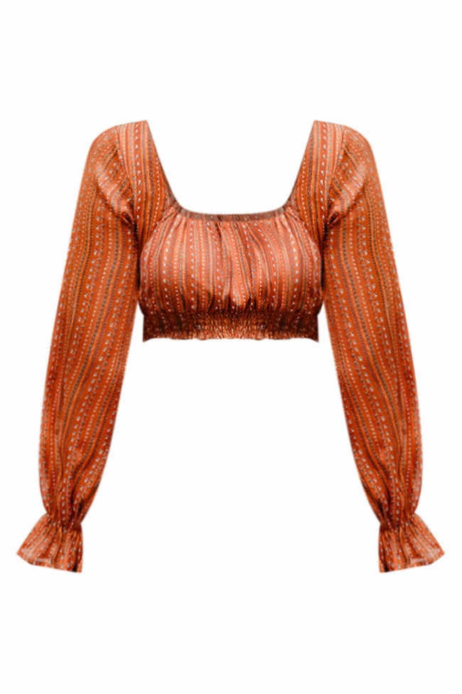 Hear Me Out Brown Multi Printed Long Sleeve Cropped Blouse FINAL SALE