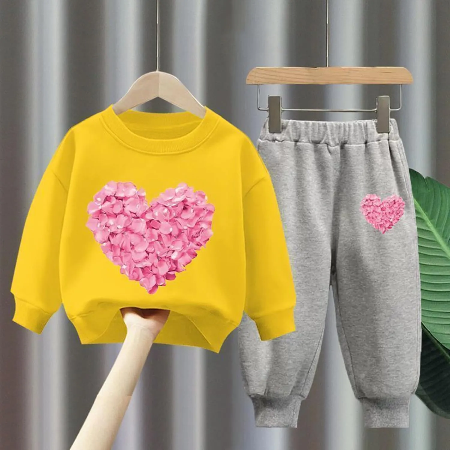 Heart Toddler Girl Sweatshirt Pants Set Long Sleeve Fleece Lined Winter Warm Outfit Daily Party Wear