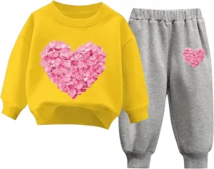 Heart Toddler Girl Sweatshirt Pants Set Long Sleeve Fleece Lined Winter Warm Outfit Daily Party Wear
