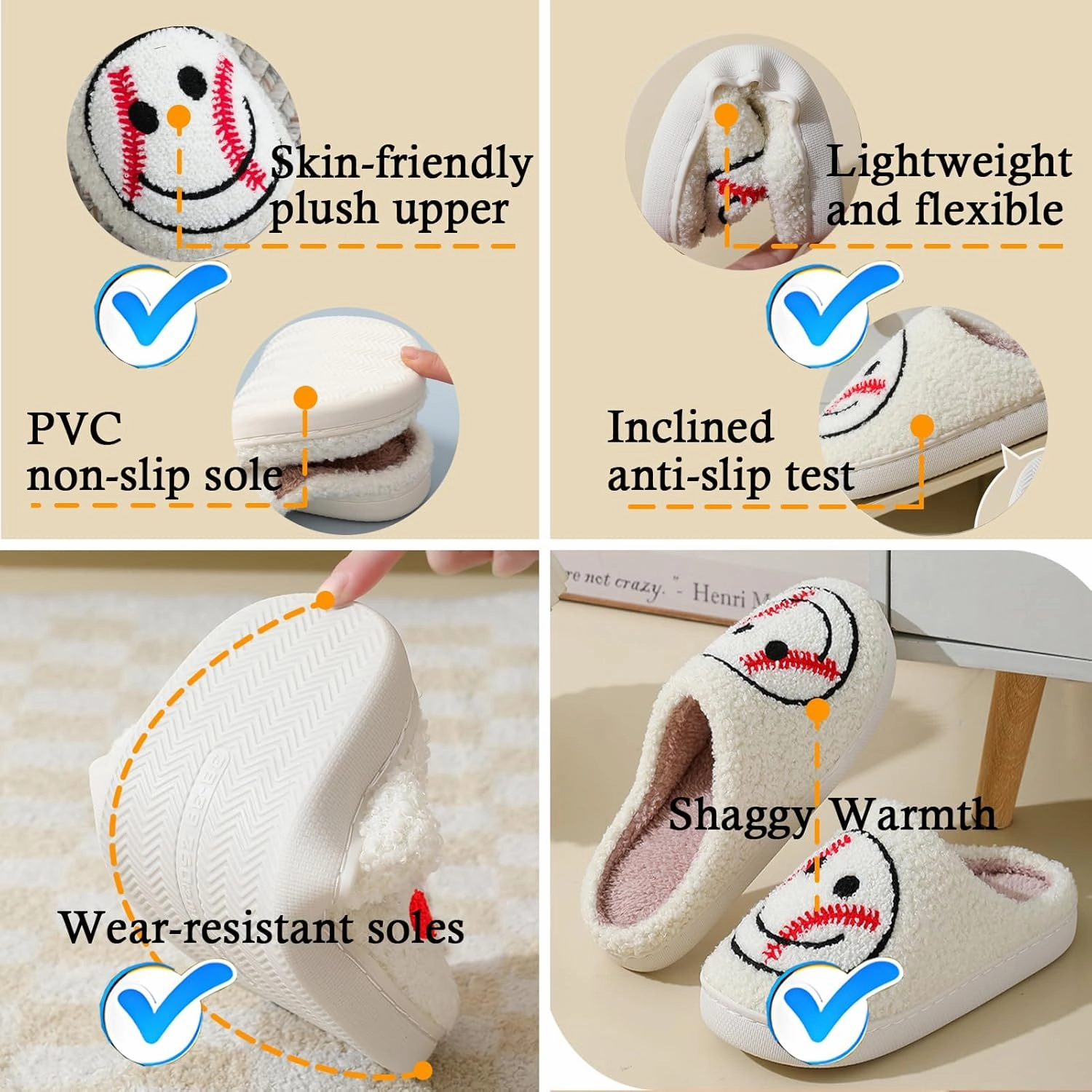Heart/Happy Face Slippers for Women,Cute Indoor Memory Foam Slip,White Curly Soft Plush,Warm Winter Gift,Prime membership low prices，Mother's Day gift