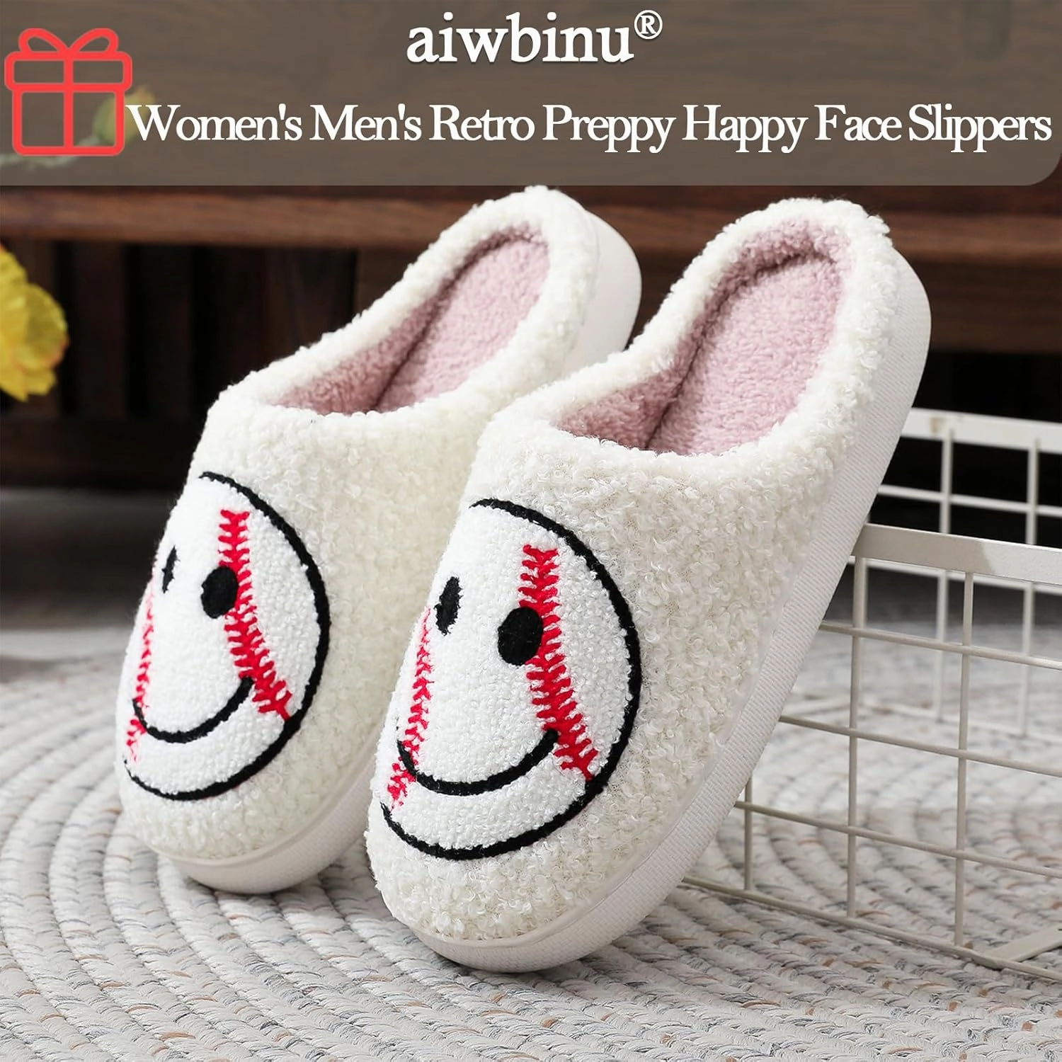 Heart/Happy Face Slippers for Women,Cute Indoor Memory Foam Slip,White Curly Soft Plush,Warm Winter Gift,Prime membership low prices，Mother's Day gift