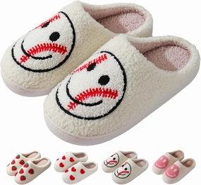 Heart/Happy Face Slippers for Women,Cute Indoor Memory Foam Slip,White Curly Soft Plush,Warm Winter Gift,Prime membership low prices，Mother's Day gift