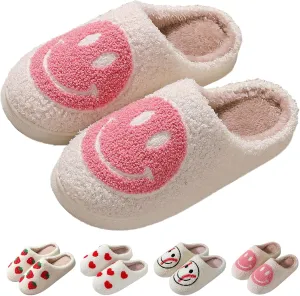 Heart/Happy Face Slippers for Women,Cute Indoor Memory Foam Slip,White Curly Soft Plush,Warm Winter Gift,Prime membership low prices，Mother's Day gift