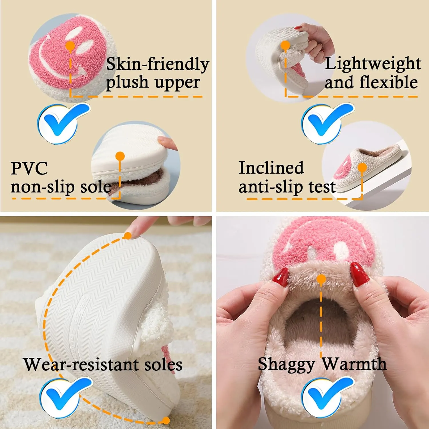 Heart/Happy Face Slippers for Women,Cute Indoor Memory Foam Slip,White Curly Soft Plush,Warm Winter Gift,Prime membership low prices，Mother's Day gift