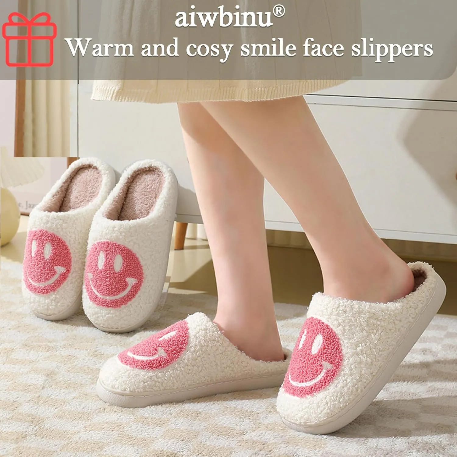 Heart/Happy Face Slippers for Women,Cute Indoor Memory Foam Slip,White Curly Soft Plush,Warm Winter Gift,Prime membership low prices，Mother's Day gift