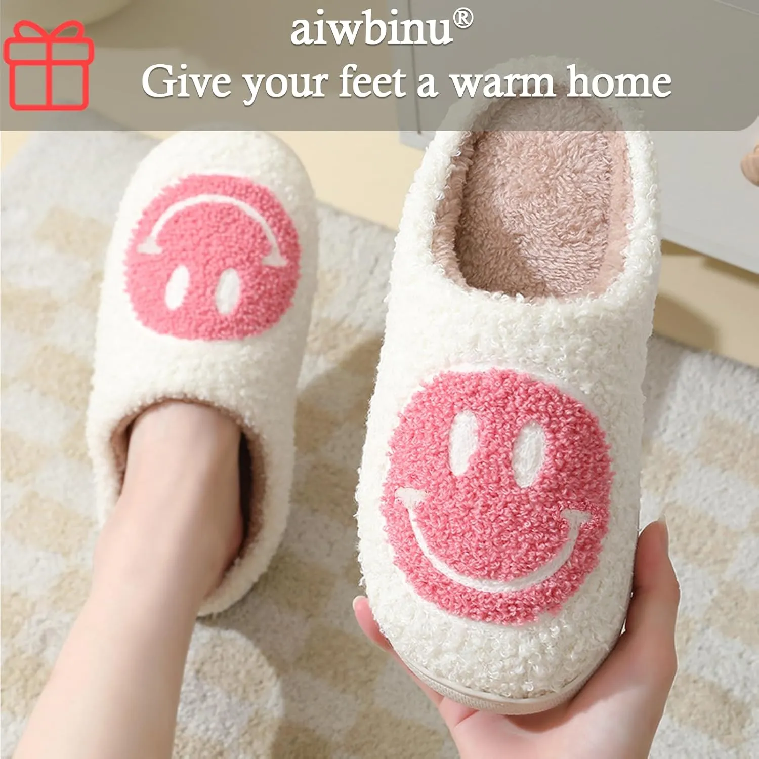 Heart/Happy Face Slippers for Women,Cute Indoor Memory Foam Slip,White Curly Soft Plush,Warm Winter Gift,Prime membership low prices，Mother's Day gift