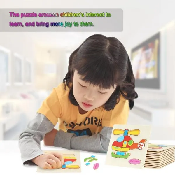 Helicopter Shaped Wooden Puzzle Block Cartoon Educational Toy Multicolor